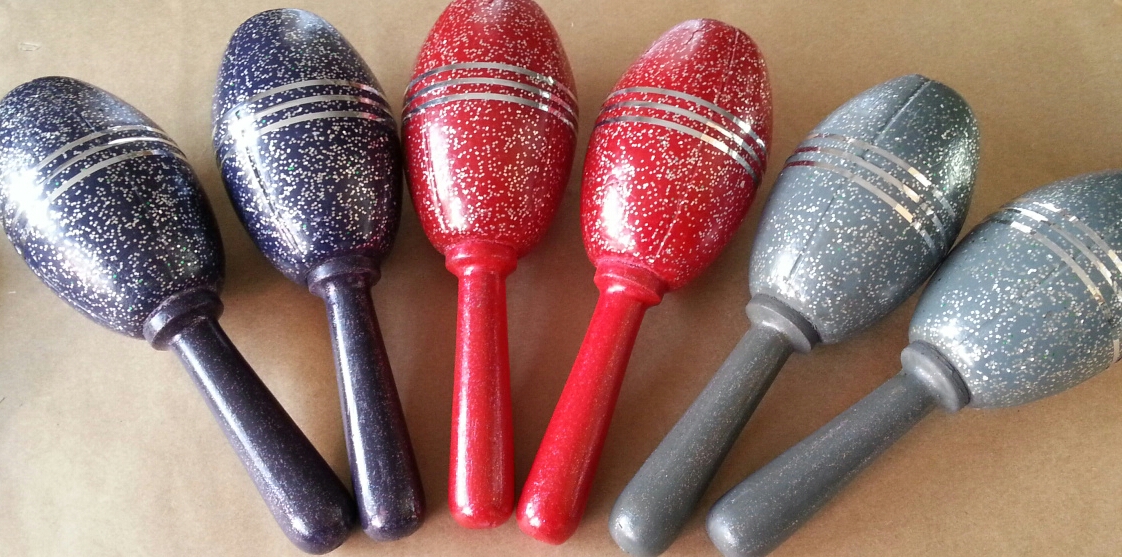 MARACAS de FIBRA de VIDRIO 27cm COLORES DECORADAS CON CINTAS Y D