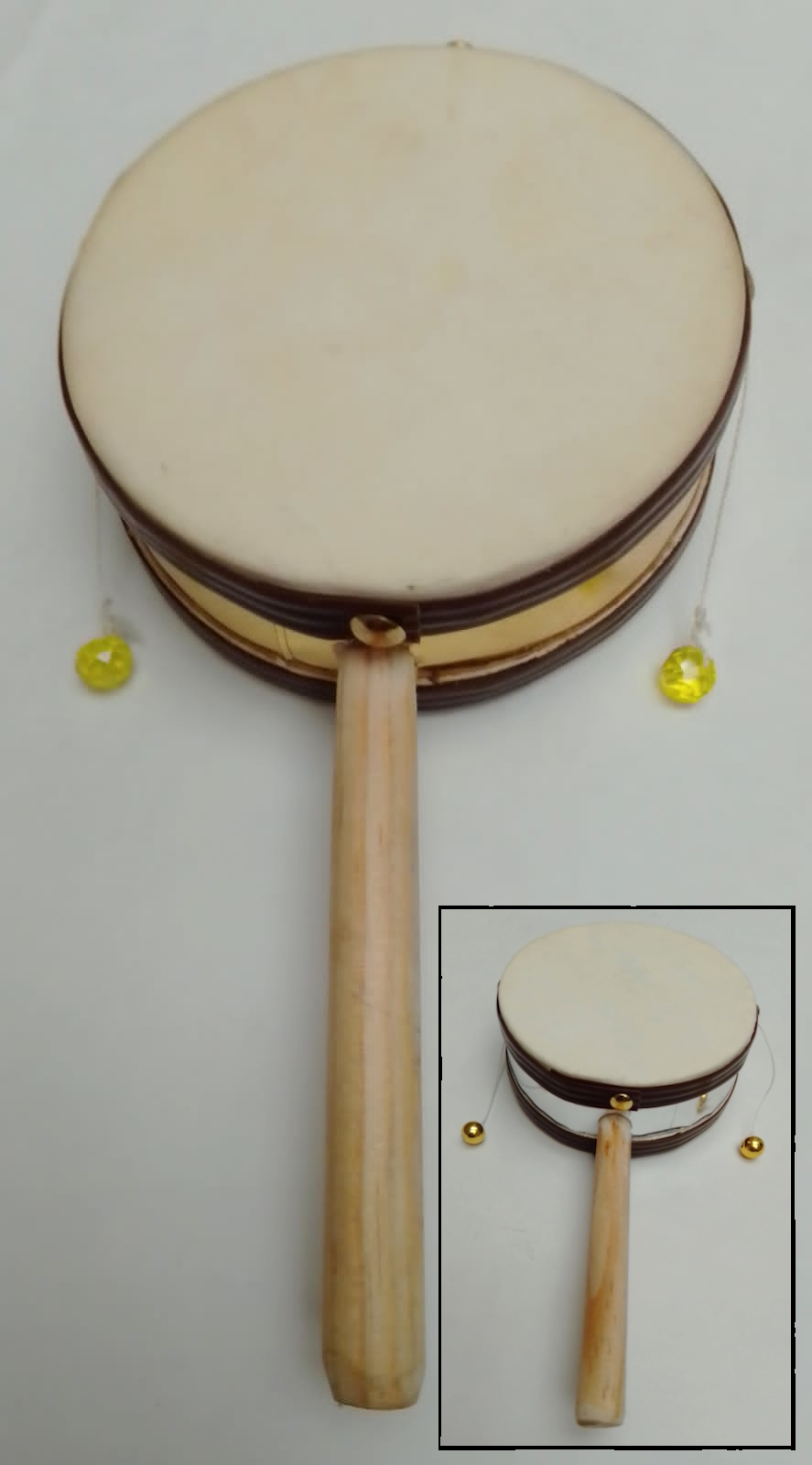 4" Monkey drum with handle, Golden laminated, children (pc)