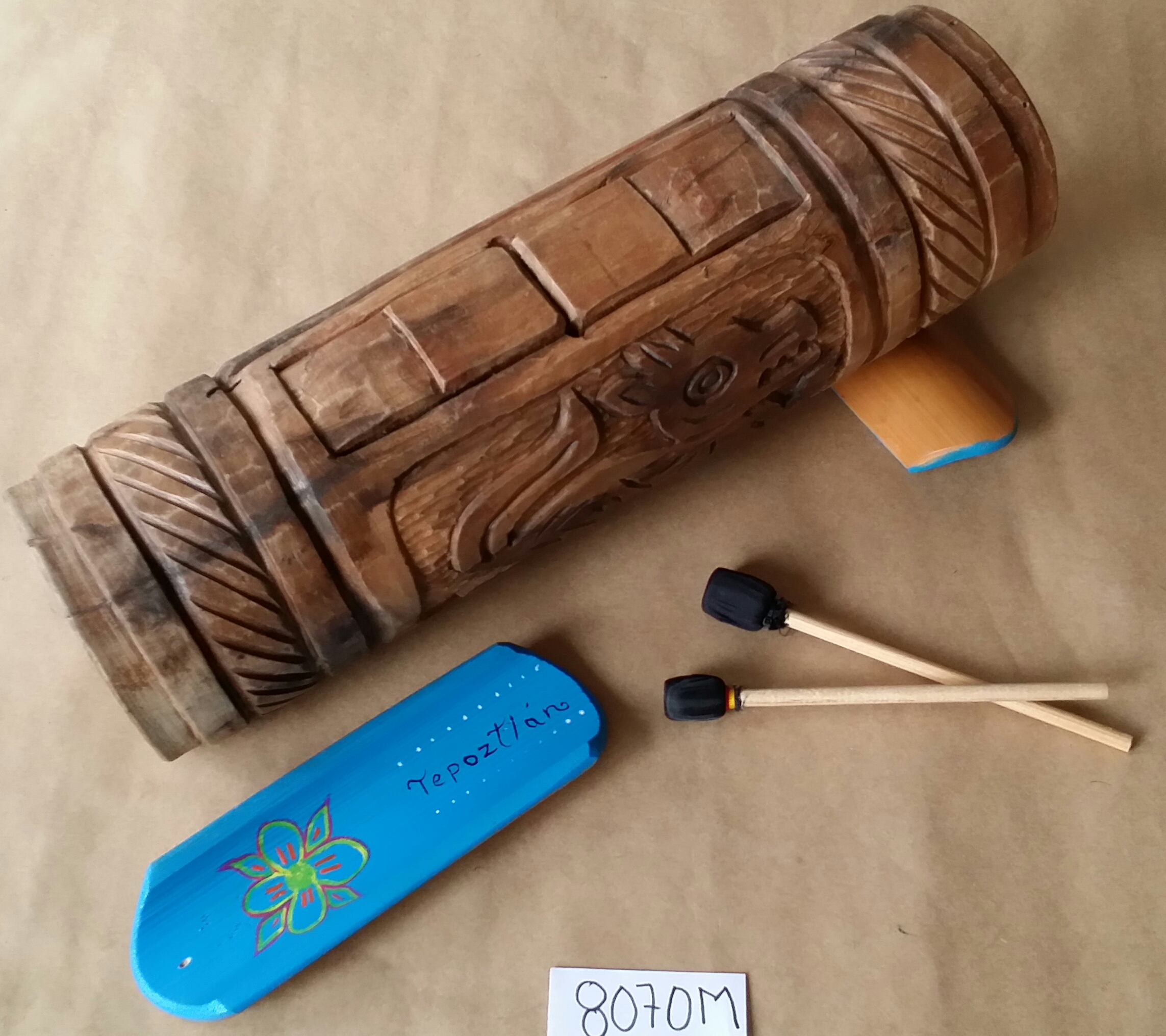 Teponaztle drum carved, wooden with drumsticks (pc) - Click Image to Close