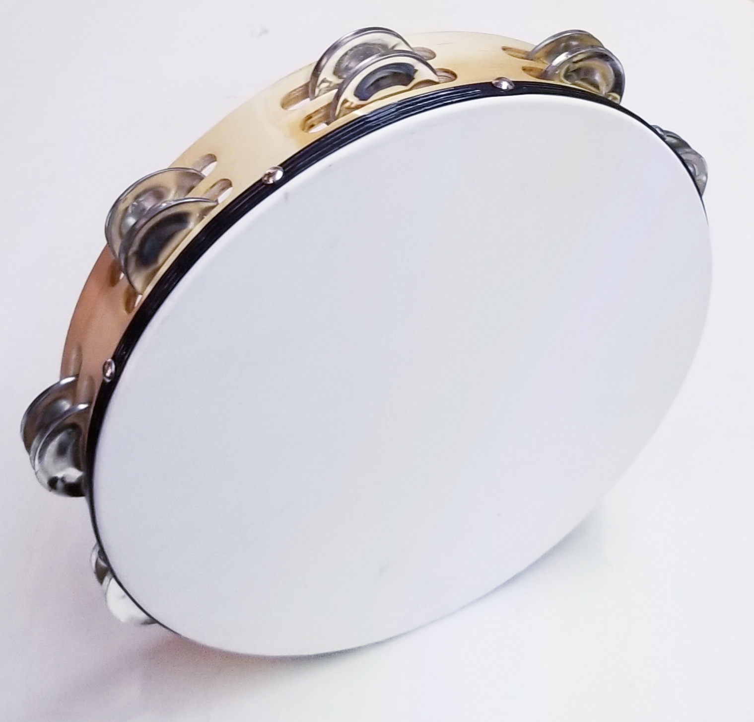 (imagen para) panderos MADERA circular 2 filas sonajas CON PIEL 10"