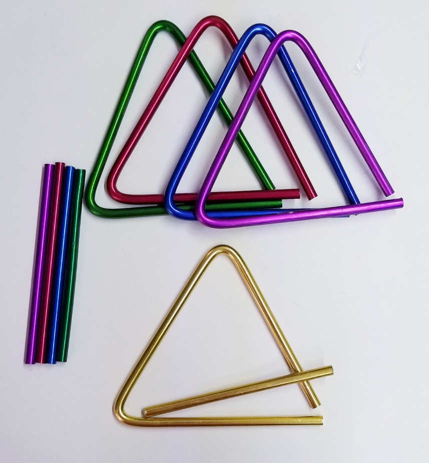 (imagen para) TRIANGULOS ALUMINIO 15 cm x LADO, CON golpeador, COLORES infanti