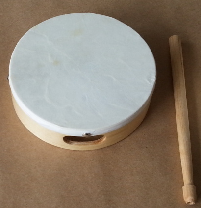 (imagen para) PANDERETA MADERA CON PIEL CIRCULAR PARA DANZA, UNA BAQUETA, 6"