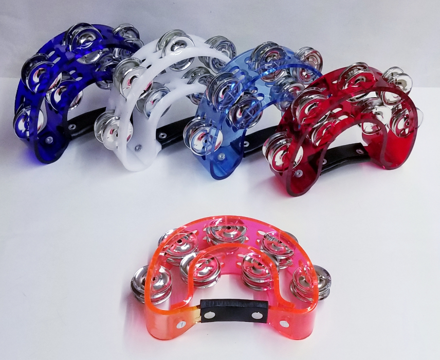 (imagen para) panderos ACRILICO 1/2 LUNA, 2 FILAS SONAJAS,2 PUENTE, COLORES 7