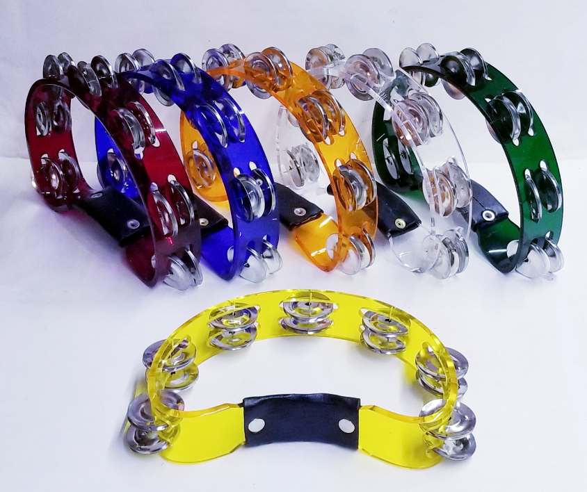 (imagen para) panderos ACRILICO 1/2 LUNA, 2 FILAS SONAJAS, COLORES 8"