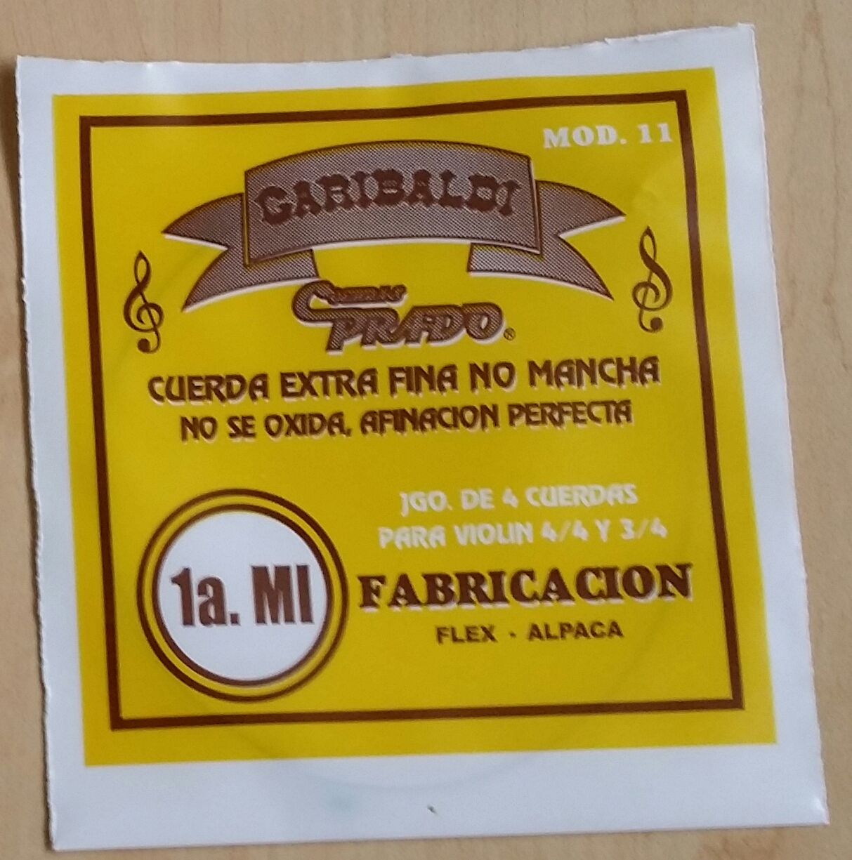 (imagen para) CUERDA VIOLÍN GARIBALDI ESTANDAR AMARILLA NACIONAL mod 11 1a
